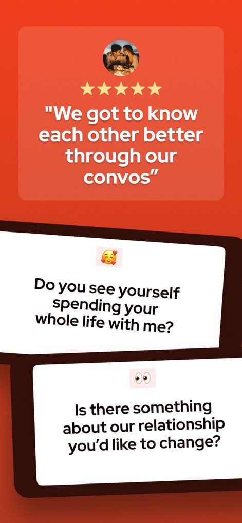 Debatium - Couple Game Convo - Este visual apresenta um depoimento de usuário com uma classificação de cinco estrelas, complementado por duas perguntas do jogo que provocam reflexão profunda.