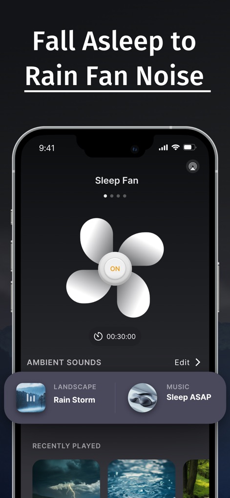 Tap Fan Noise for Sleep - 「Rain Storm」のアンビエントサウンドと「Sleep ASAP」の音楽が組み合わさり、ユーザーは心地よい雨の音と共に安らかな眠りへと誘われます。