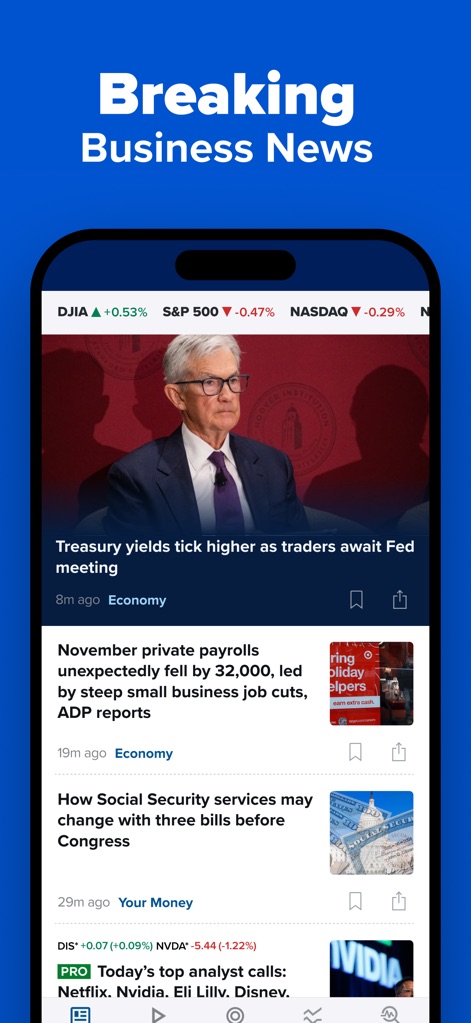 CNBC: Stock Market & Business - The app delivers a continuous stream of breaking business news articles, providing context with integrated market data at the top of the feed.