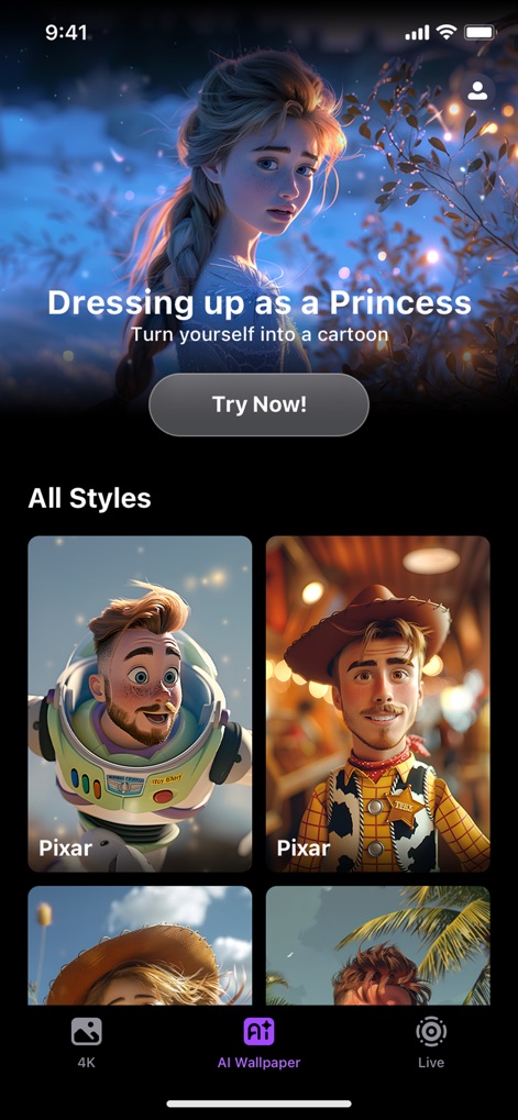 Wallpaper X – 4K HD wallpapers - Witness the app's AI capabilities with diverse 'All Styles' categories, including popular 'Pixar' cartoon transformations.