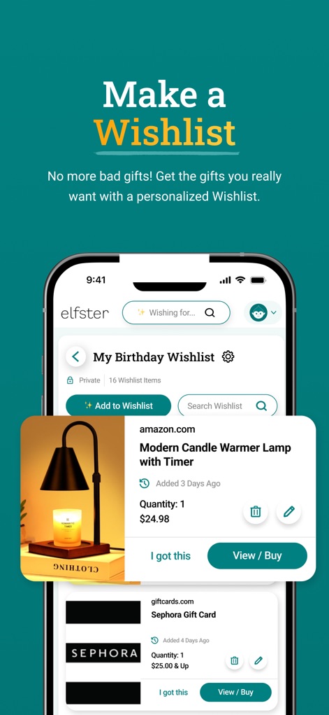 Elfster: The Secret Santa App - The app allows for personalized "Wishlists" where users can add specific items like a "Modern Candle Warmer Lamp" and even gift cards, with options to "Add to Wishlist" and "Search Wishlist".