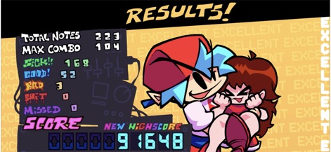 Friday Night Funkin' Mobile - Tras cada actuación, la pantalla de resultados ofrece un 'desglose detallado de la puntuación', incluyendo 'Notas Totales' y 'Max Combo', junto a las animaciones de celebración de los personajes que refuerzan el éxito del usuario.