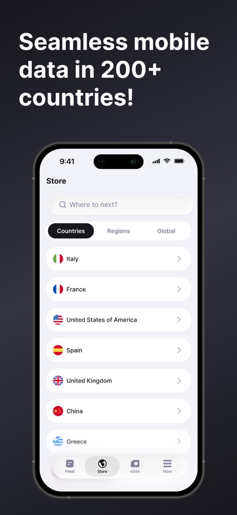eSIM io: Global SIM Card - 「Store」タブでは、ユーザーは国別リストと検索バーを通じて、200以上の目的地から必要なデータプランを効率的に見つけることができます。