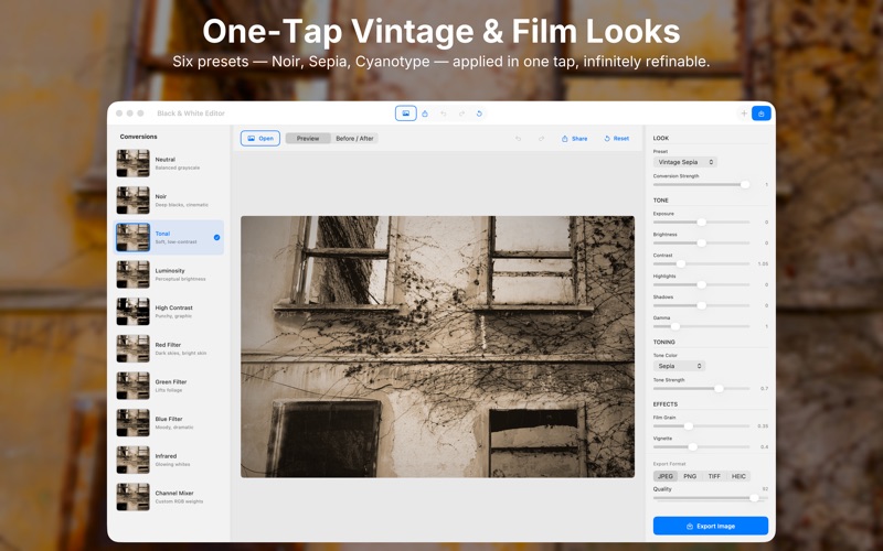 Color toning options: Sepia, Selenium, Cyanotype