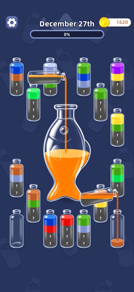 Water Jam Sort - Match Puzzle - Examine a vibrant level design showcasing a charming fish-shaped bottle, actively receiving and transferring liquids, demonstrating the app's creative use of themed containers.