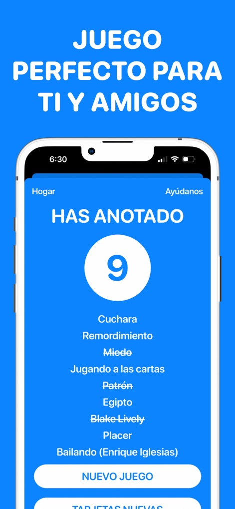 Charades Spanish - Al finalizar la ronda, la pantalla muestra el puntaje final y una lista detallada de todas las palabras adivinadas, brindando una visión clara del rendimiento.