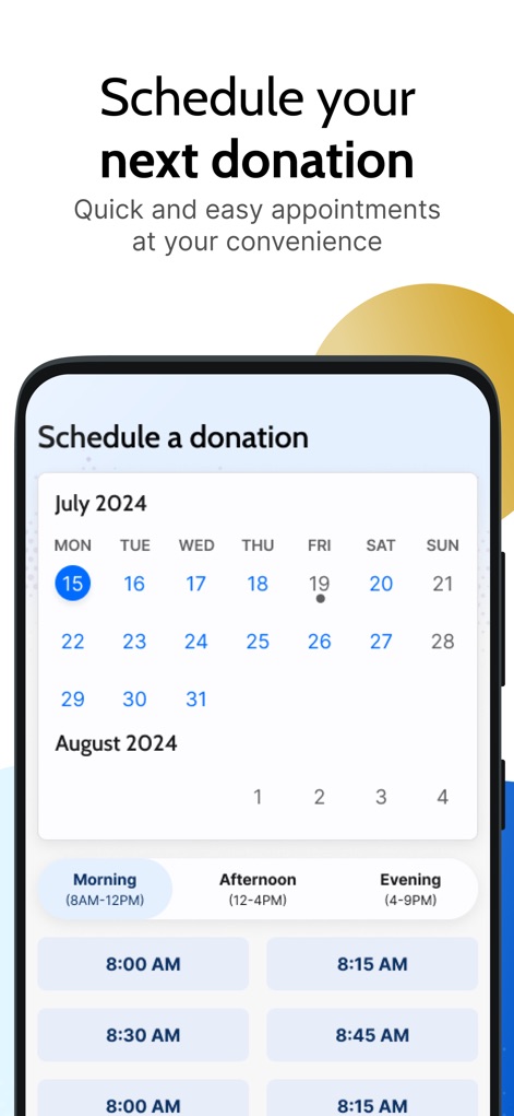 Grifols Plasma Donor Hub - Users can effortlessly schedule their next donation using the interactive calendar view and precise time slot selections.