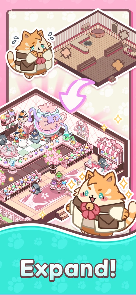 Alcatmist: Merge & Story - This app illustrates how users can expand their shop, transforming it from a cozy initial space to a vibrant, multi-level establishment filled with new furniture.