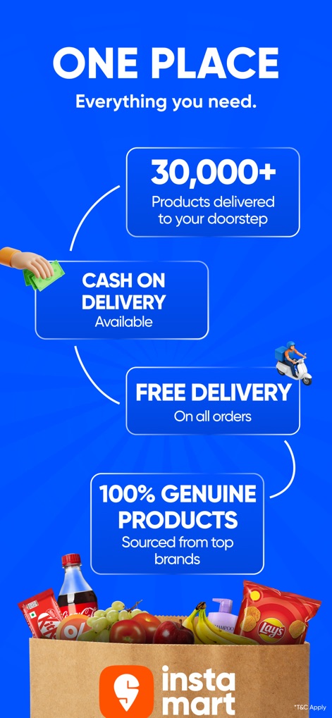 Instamart: Groceries & more - This visual highlights core service features such as the availability of '30,000+ Products' for delivery and flexible 'Cash on Delivery' options, assuring users of a complete shopping experience.