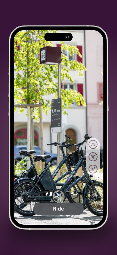 PubliBike Velospot (Zone 1) - Users can initiate their journey with the prominent "Ride button" and utilize the convenient "contextual overlay icons" for filtering or locating nearby stations.