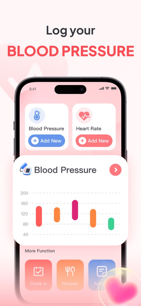 Blood Pressure- Health Monitor - Users can easily log blood pressure and heart rate readings, and instantly view trends through intuitive bar charts.