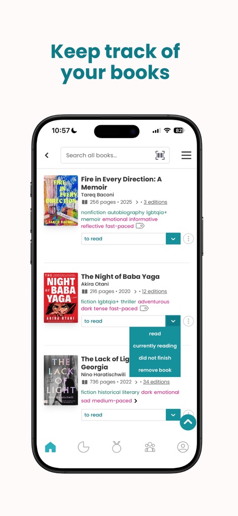 StoryGraph: Reading Tracker - La aplicación permite a los usuarios organizar su biblioteca personal y gestionar fácilmente el estado de cada libro, como se ve con los filtros de género y estado de lectura, y la opción de gestionar el estado del libro.