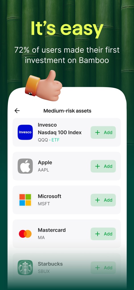 Bamboo: Invest. Trade. Earn. - La aplicación simplifica el proceso de adición de activos, presentando empresas como "Apple" y "Microsoft" con un botón "+ Add" para una fácil selección.