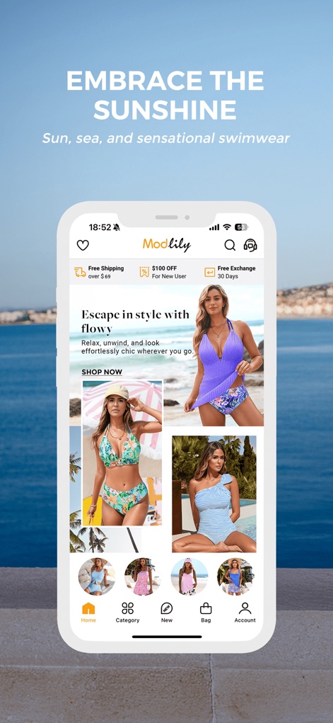 Modlily-Online Shopping - This tool immediately highlights key benefits like 'Free Shipping over $69' and '$100 OFF for New User,' while presenting diverse product categories such as stylish swimwear on the homepage.