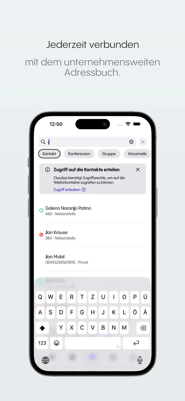 NFON Cloudya App auf einem Smartphone mit Telefonbuchansicht