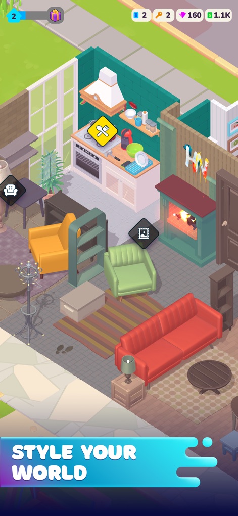 Life Dream: Build Cozy Home - Esta imagem exibe um interior vibrante, destacando a disposição de um sofá vermelho e a integração funcional de uma cozinha completa.