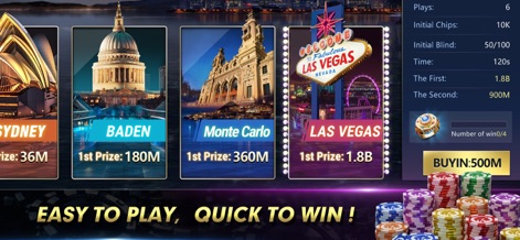 Texas Poker:Texas Holdem Game - Esta captura revela locais de torneios prestigiosos como "Las Vegas" e "Monte Carlo", cada um com um "1st Prize" atraente e um valor de "BUYIN" para participação.