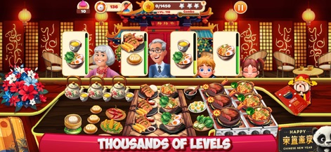Cooking Mastery: Kitchen Games - La vista muestra un bullicioso restaurante chino con decoración tradicional y una gran variedad de platos asiáticos en preparación, destacando el alto número de clientes y órdenes que los usuarios deben gestionar.