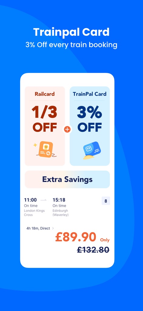 TrainPal: UK& EU train tickets - Dieses Bild veranschaulicht, wie Nutzer durch die Kombination einer Railcard und der TrainPal Card zusätzliche Rabatte von 1/3 bzw. 3% erhalten, und zeigt beispielhaft eine Reise von London nach Edinburgh, bei der erhebliche Ersparnisse erzielt werden.