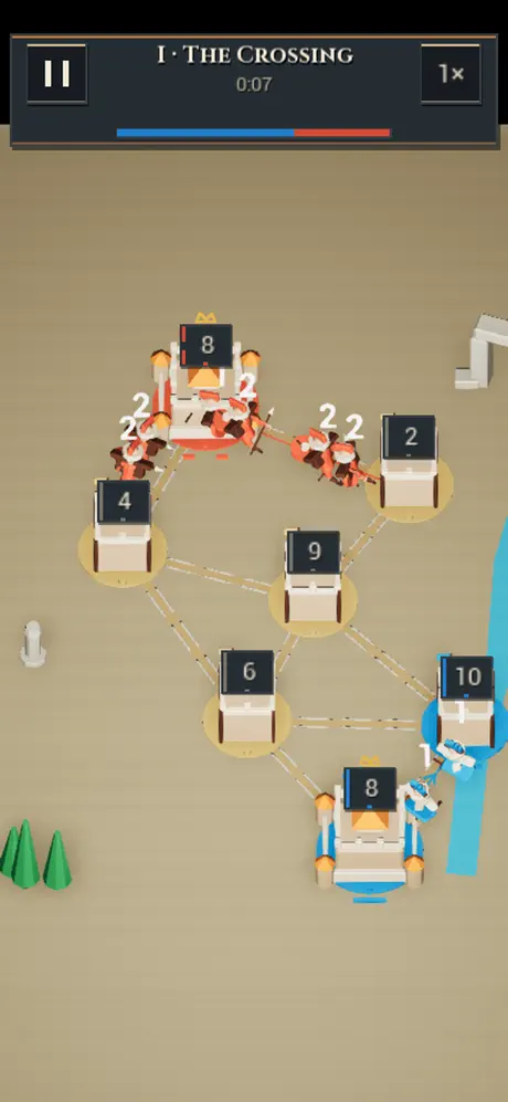 BURGUS cohorts moving along connected roads as red and blue forts recruit troops