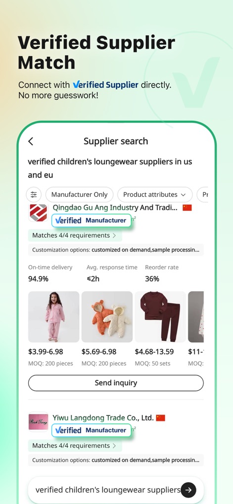 Accio: Alibaba AI Agent - The app facilitates direct connections with 'Verified Supplier' partners, prominently displaying their 'Verified Manufacturer' status and detailed matching criteria.