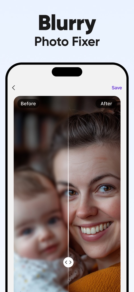 Unblur - AI Photo Enhancer - Esta imagem destaca a capacidade do aplicativo de corrigir fotos borradas, transformando a metade esquerda desfocada em uma versão nítida e detalhada na direita. Os contornos do rosto da mãe e a pele do bebê ficam visivelmente mais claros.