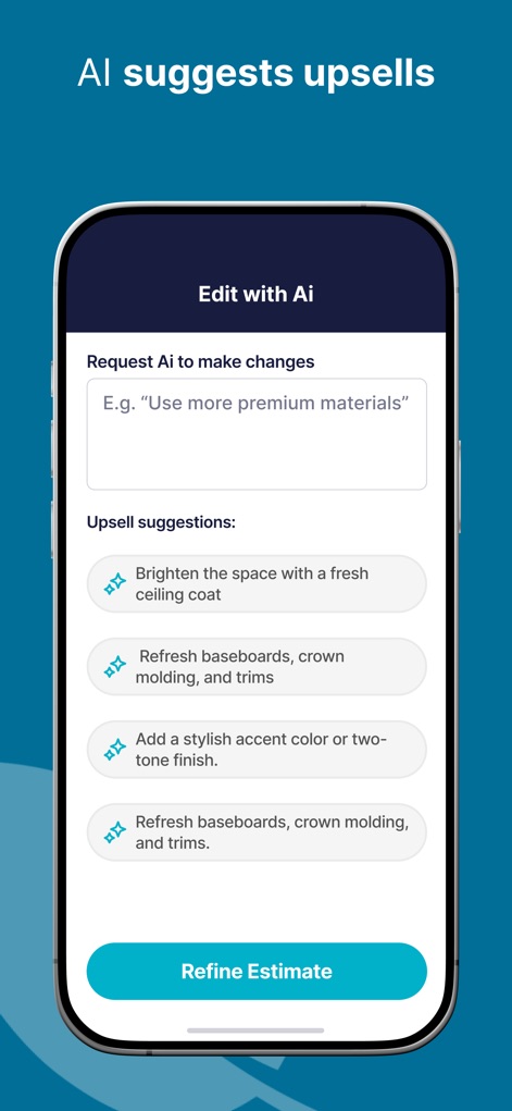 SimplyWise: Cost Estimator - The tool leverages AI to suggest valuable upsells, displaying a list of AI-generated upgrade suggestions and an 'Edit with AI' input field for further refinement.