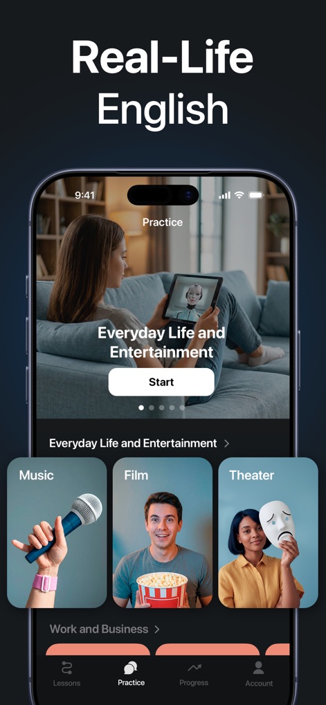 Speak English with Fluentika - The app offers a wide array of real-life English practice topics, from "Everyday Life and Entertainment" to specialized categories like "Music" and "Film."