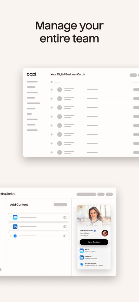 Popl: AI Lead Capture - The platform facilitates comprehensive team management, allowing oversight of digital business cards and customization of shared content for each team member.