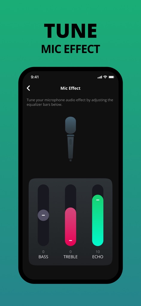 JBL PartyBox - Nutzer können Mikrofoneffekte präzise einstellen, indem sie die Schieberegler für "BASS" und "TREBLE" anpassen, visualisiert durch das Mikrofonsymbol.