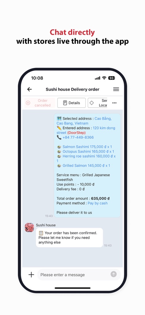 DELIVERY K - This tool enables users to chat directly with stores for inquiries, complementing the detailed order summary that includes itemized costs and payment method.