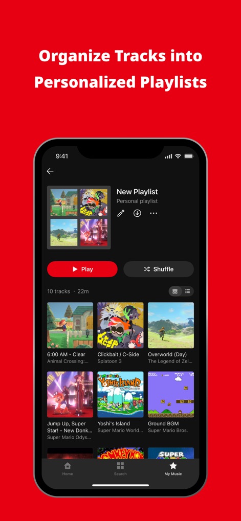 Nintendo Music - Users can curate personalized playlists, clearly displaying the track count and total duration, and featuring cover art from beloved games like Animal Crossing and Splatoon 3 for easy organization.