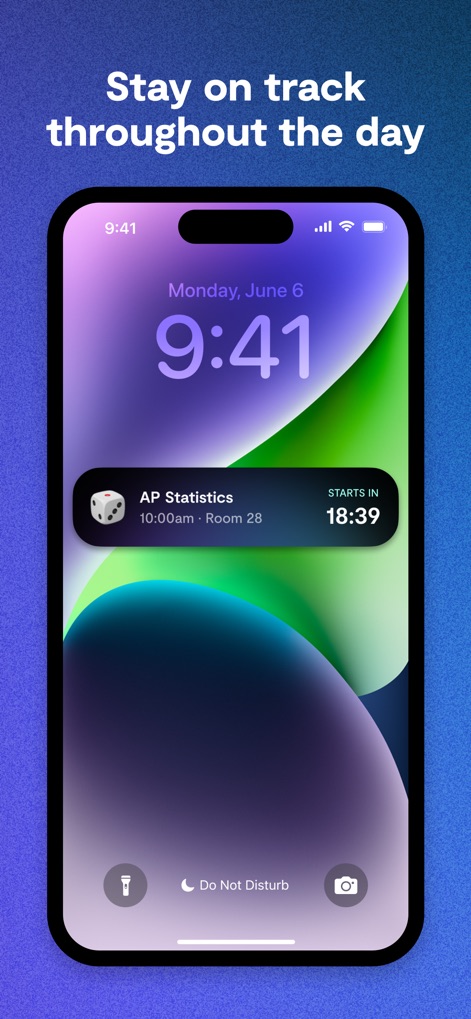 Saturn Calendar - The app offers a convenient lock screen widget displaying the current time prominently and an upcoming class with a real-time countdown.