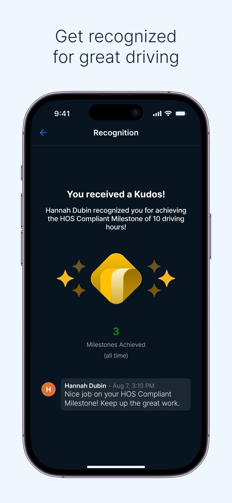 Samsara Driver - Los conductores reciben felicitaciones, como un 'Kudos!', por alcanzar hitos de cumplimiento y un mensaje de agradecimiento de 'Hannah Dubin'.