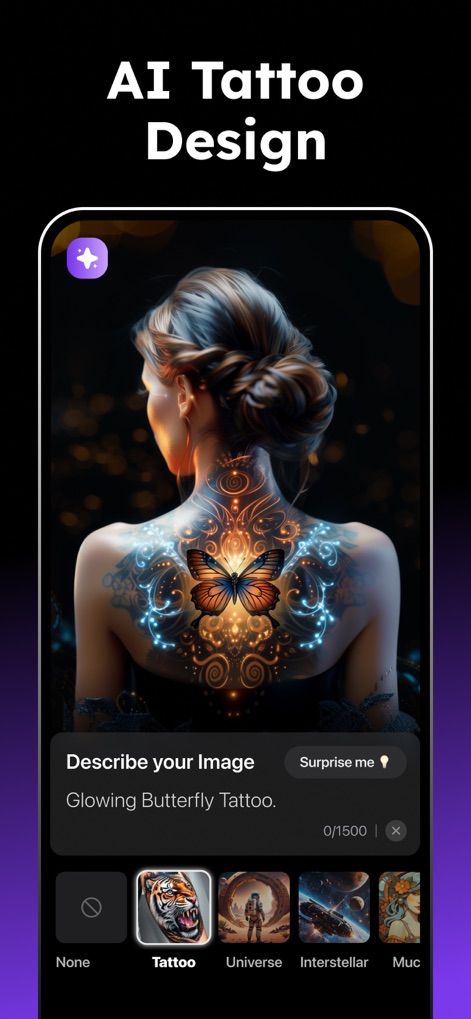 AI Photo Generator - Collart - This tool enables users to generate custom "AI tattoo designs" by describing their vision, with various artistic themes like "Universe" and "Interstellar" available.