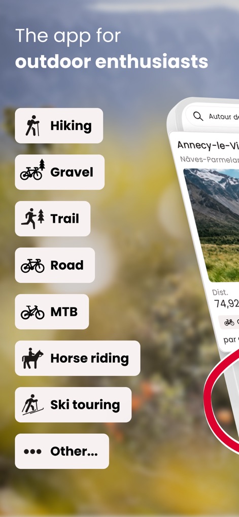 OpenRunner – Bike, hike, trail - La aplicación ofrece una interfaz intuitiva para seleccionar actividades al aire libre, mostrando opciones diversas como el "Ski touring" y el "Horse riding" para personalizar la experiencia del usuario.