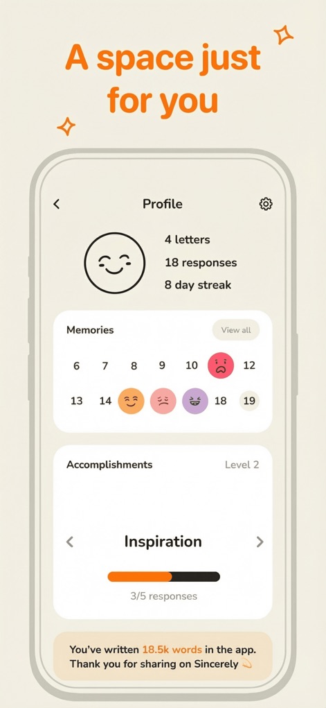 Sincerely - Off My Chest - This feature offers a personalized profile displaying user statistics like an '8 day streak' and a 'Memories' section with mood icons for historical emotional insights.