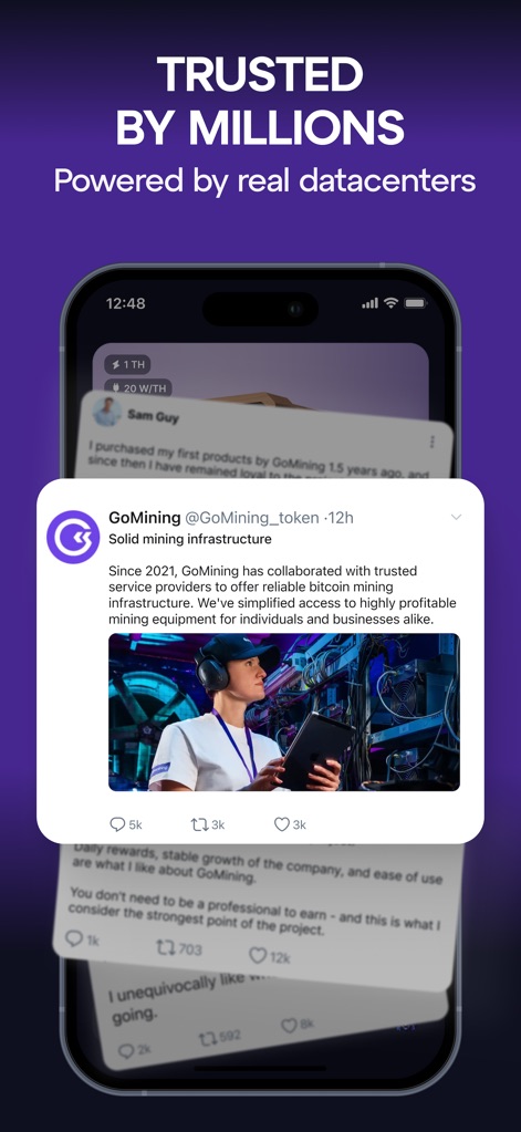 GoMining: BTC Mining & Finance - This screenshot demonstrates the app's credibility through an official 'GoMining @GoMining_token' X post showcasing their 'Solid mining infrastructure' and positive community feedback snippets.