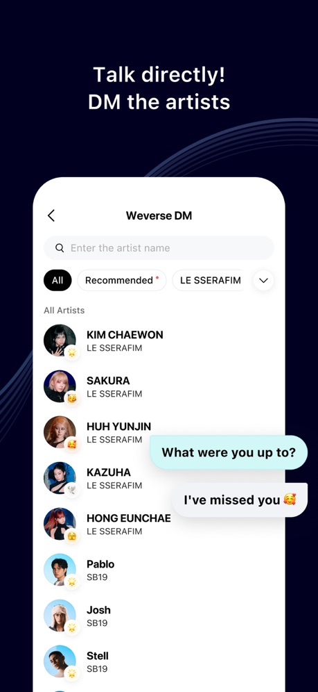 Weverse: Connect with Artists App Store screenshot 6, headline “Talk directly! DM the artists”. Exclaims.