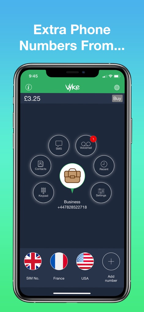 Vyke: Second Phone Number - Cet outil offre la flexibilité de basculer entre des profils dédiés comme le compte "Business" représenté par une mallette et d'accéder à la messagerie vocale, signalée par la notification rouge, assurant une organisation impeccable de vos communications.