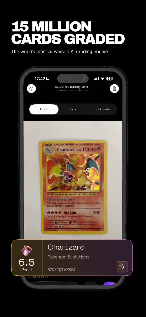 Digital Grading Co - Users can quickly view the "6.5 Pearl" AI grade and the specific card identification, "Pokemon Evolutions", for their scanned trading cards.