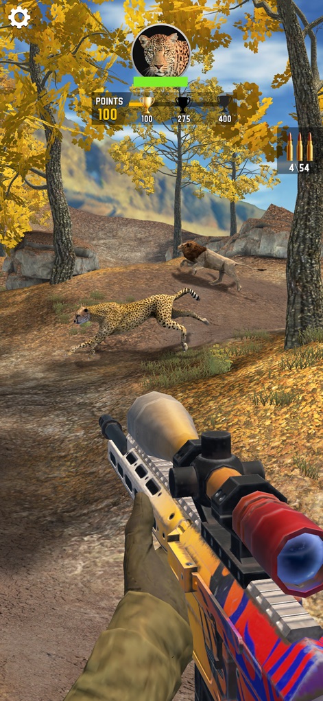 Sniper Shooter Wild - See how Sniper Shooter Wild showcases dynamic wild animal encounters and a beautifully customized sniper rifle in an autumn forest setting.