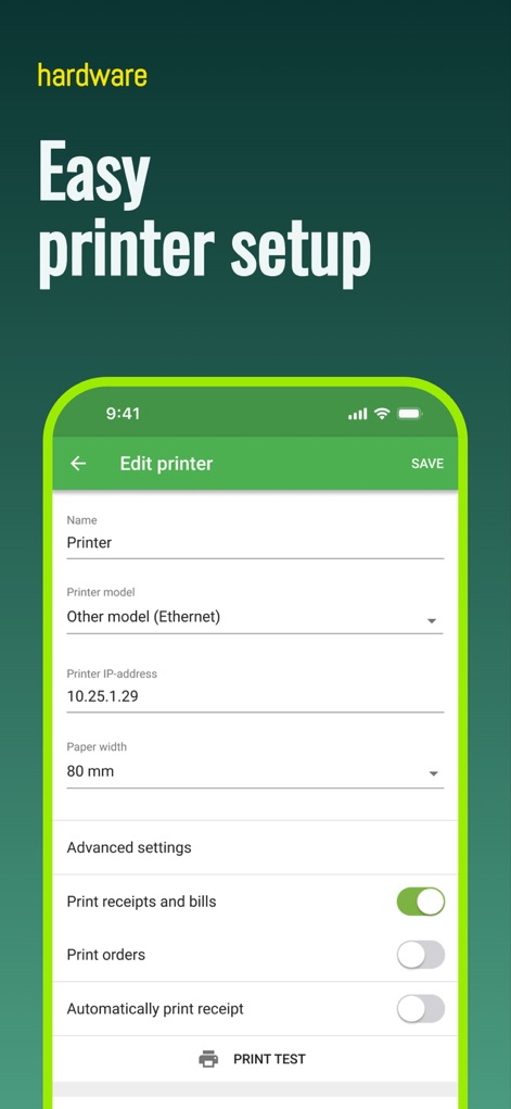 Loyverse POS - Point of Sale - Observe the straightforward printer setup interface, offering configurable options like printer model and IP address, alongside intuitive toggle switches for print preferences.