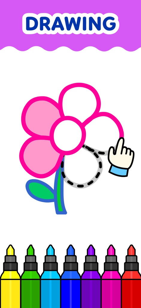 Coloring Games for Kids 2-6! - Nutzer können ihre Zeichenfähigkeiten mit einer Schritt-für-Schritt-Anleitung verbessern, indem sie die gepunkteten Linien eines Blumenmotivs nachfahren, was die Feinmotorik fördert.