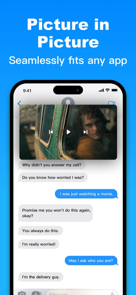 Split Screen - Floating Apps - Esta captura muestra la capacidad PiP (Picture in Picture) con un video en una ventana flotante, permitiendo a los usuarios chatear en la interfaz de iMessage mientras ven contenido.