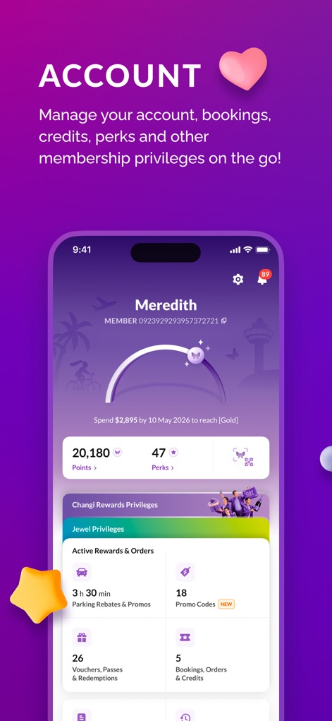 Changi App - Users can manage their personalized 'Account' hub, which displays a comprehensive overview of 'Changi Rewards Privileges' and active 'Vouchers, Passes & Redemptions'.