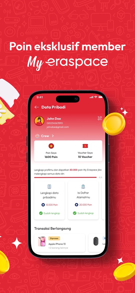 erafone - 「Data Pribadi」画面では、ユーザーの現在の「Poin Saya」と「Voucher Saya」が明確に表示され、プロフィール完了による追加ポイント獲得の進捗バーも確認できます。