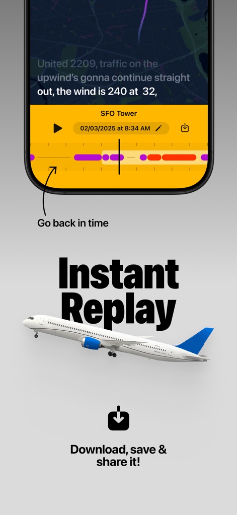 ATC - Live Air Traffic Radio - 過去の航空管制通信を簡単に巻き戻し再生でき、また重要なイベントの音声データをダウンロードして保存・共有することが可能です。