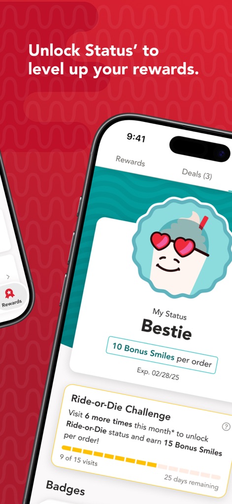 Scooter's Coffee - The app reveals higher loyalty tiers, including 'Bestie' status with bonus Smiles per order, and tracks progress towards the 'Ride-or-Die Challenge'.