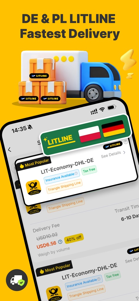 LitBuy - Discover the app's optimized shipping lines, featuring options like 'LIT-Economy-DHL-DE' and country flags for clear regional targeting.